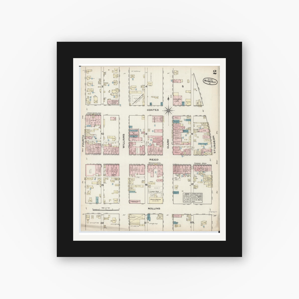Old map wall art mockup — black gallery frame with white mat — Sanborn Fire Insurance Map from Moberly, Randolph County, Missouri (1884), Sheet #0002