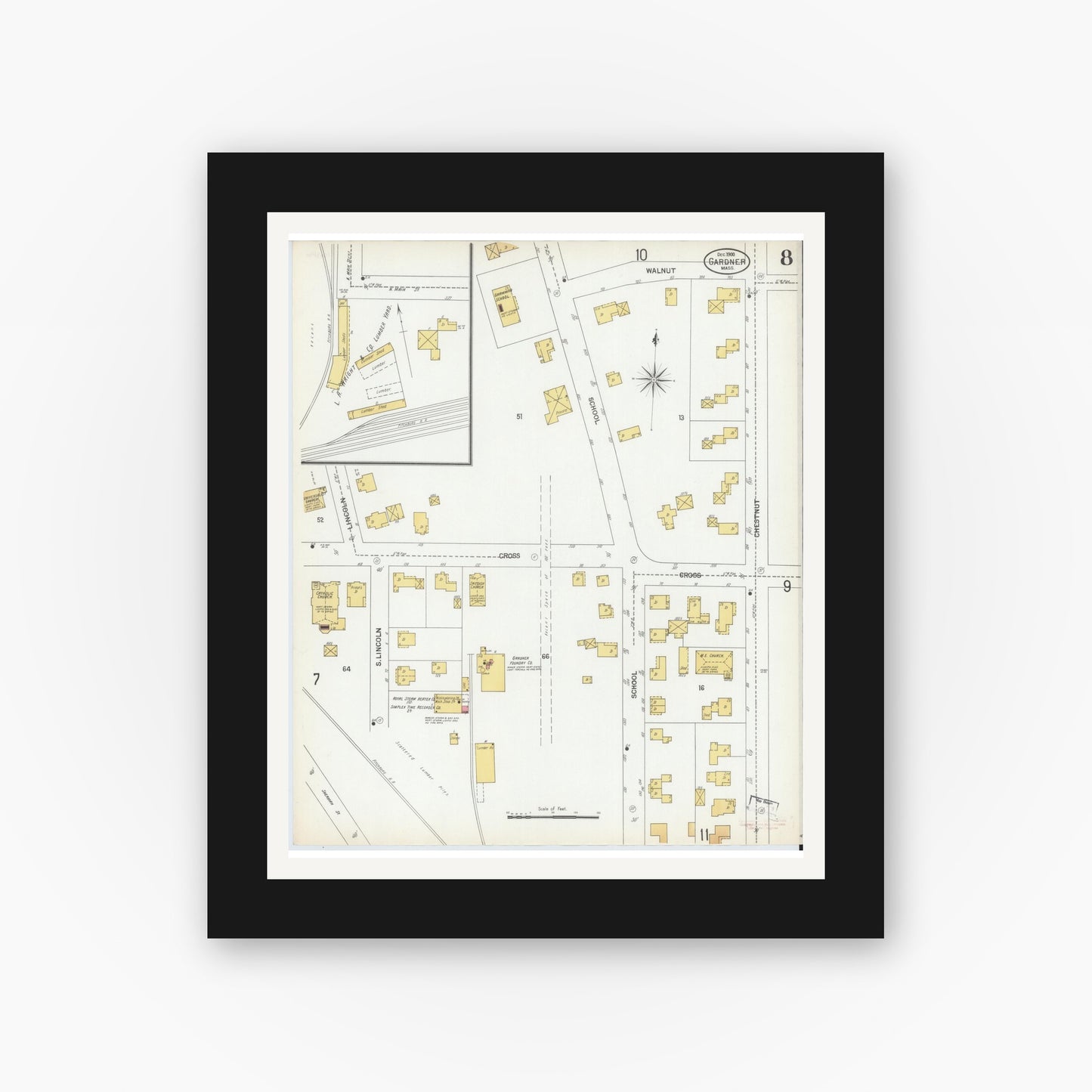 Old map wall art mockup — black gallery frame with white mat — Sanborn Fire Insurance Map from Gardner, Worcester County, Massachusetts (1900), Sheet #0008
