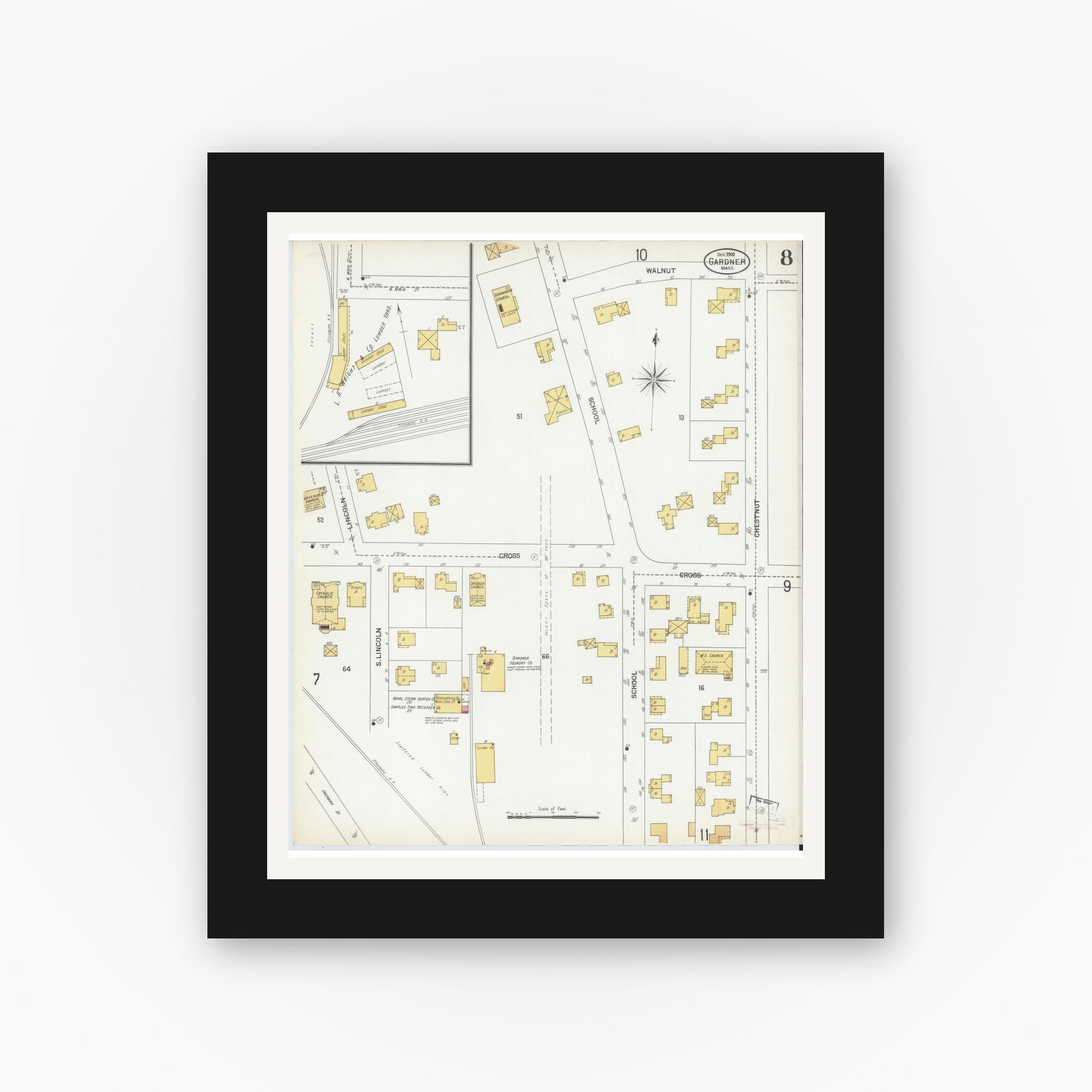Old map wall art mockup — black gallery frame with white mat — Sanborn Fire Insurance Map from Gardner, Worcester County, Massachusetts (1900), Sheet #0008