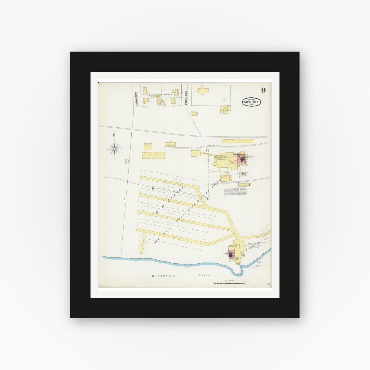 Old map wall art mockup — black gallery frame with white mat — Sanborn Fire Insurance Map from Merrill, Lincoln County, Wisconsin (1892), Sheet #0009