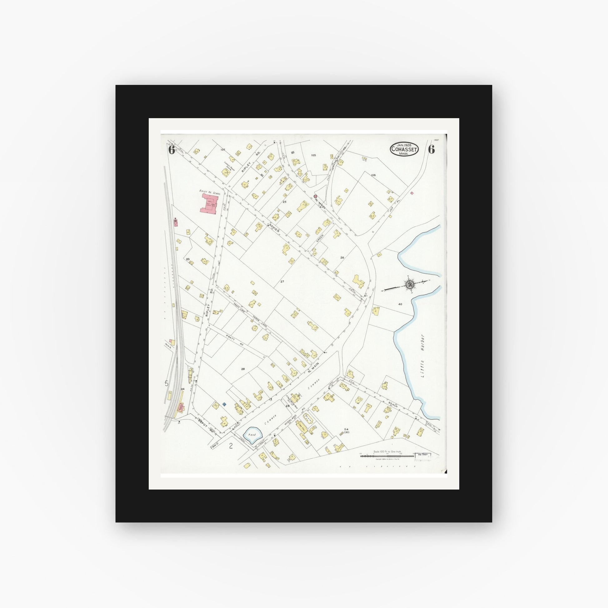 Old map wall art mockup — black gallery frame with white mat — Sanborn Fire Insurance Map from Cohasset, Norfolk County, Massachusetts (1928), Sheet #0006