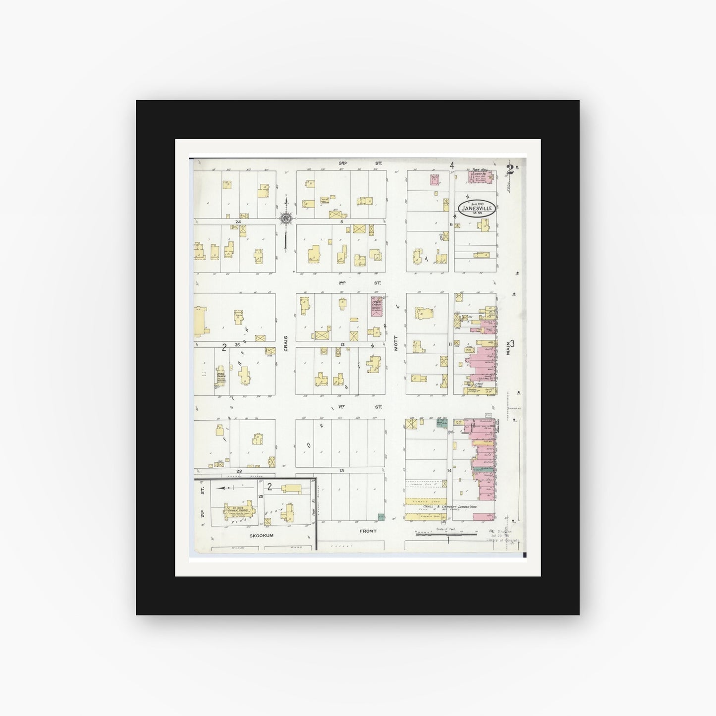 Old map wall art mockup — black gallery frame with white mat — Sanborn Fire Insurance Map from Janesville, Waseca County, Minnesota (1910), Sheet #0002