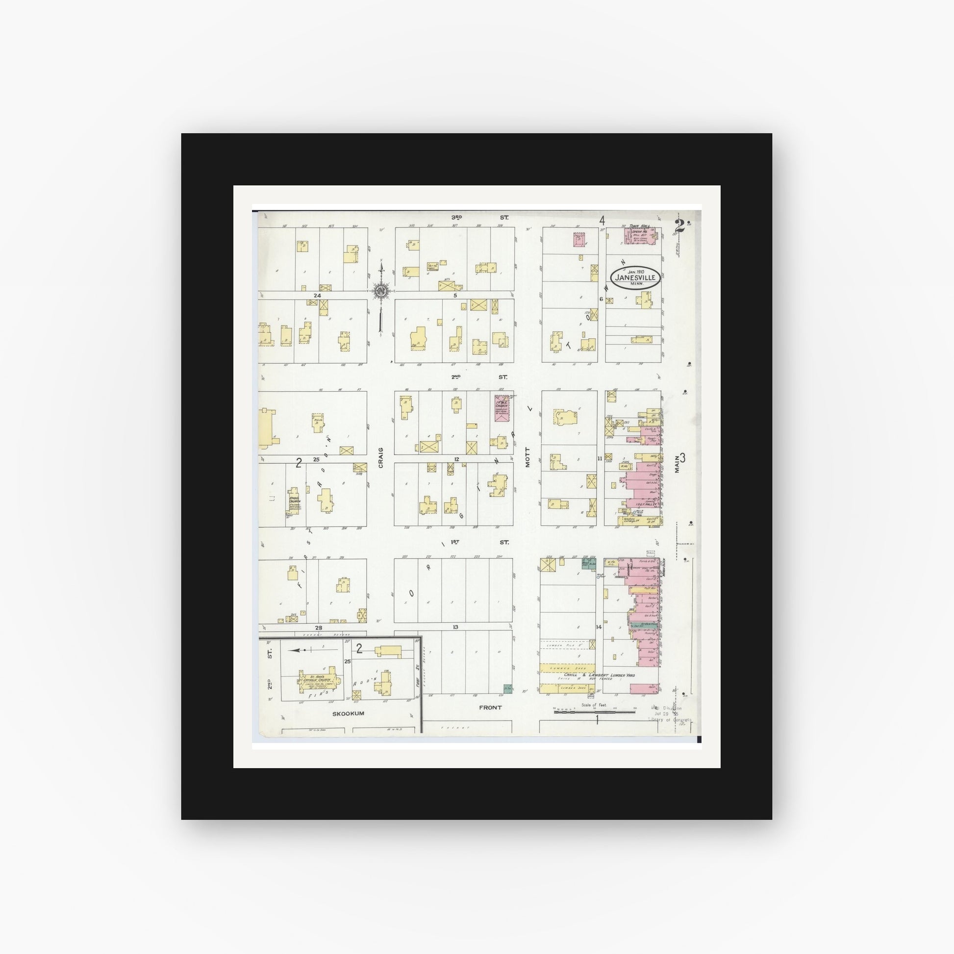Old map wall art mockup — black gallery frame with white mat — Sanborn Fire Insurance Map from Janesville, Waseca County, Minnesota (1910), Sheet #0002