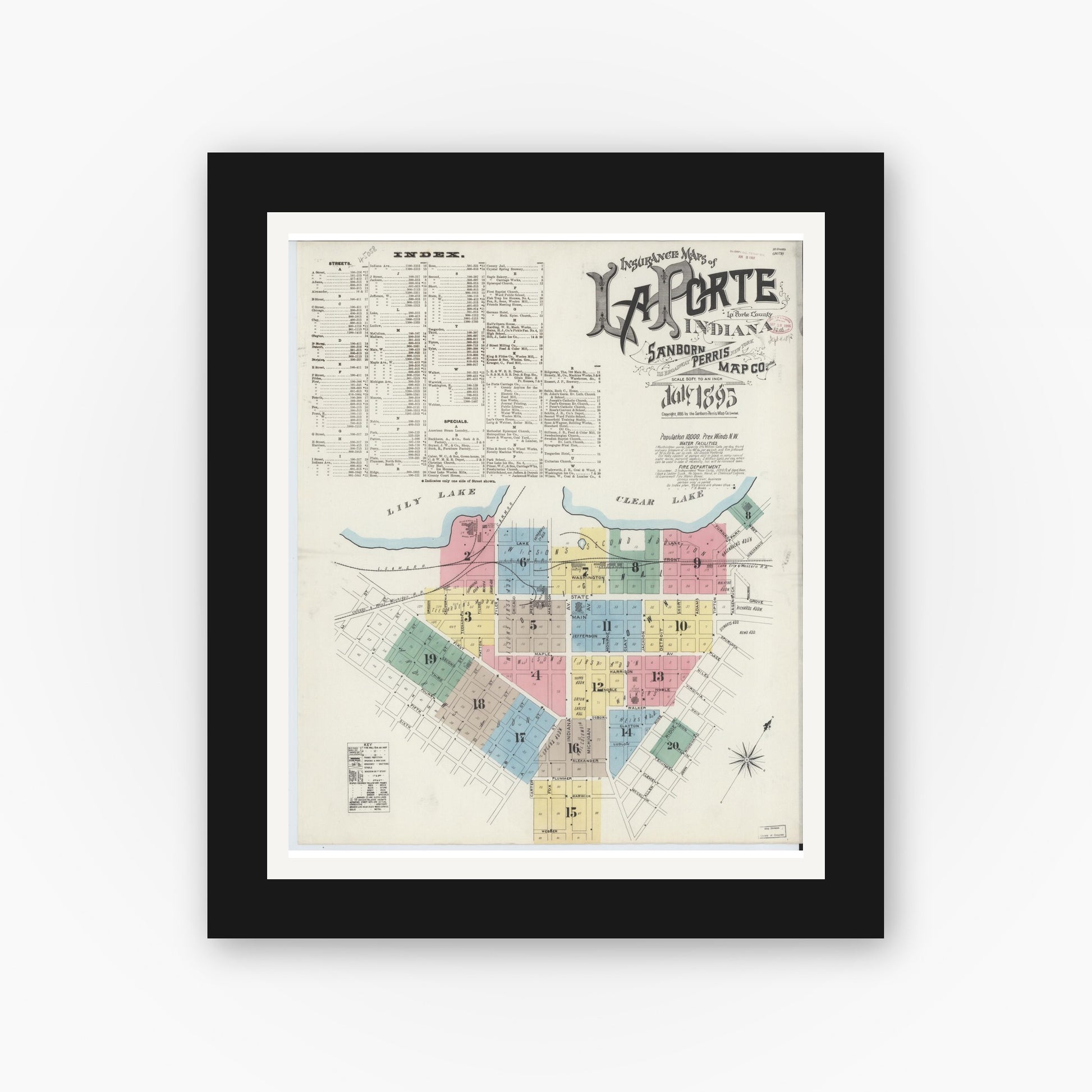 Old map wall art mockup — black gallery frame with white mat — Sanborn Fire Insurance Map from La Porte, La Porte County, Indiana (1895), Sheet #0001