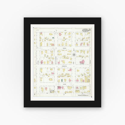 Old map wall art mockup — black gallery frame with white mat — Sanborn Fire Insurance Map from Petersburg, Menard County, Illinois (1909), Sheet #0002