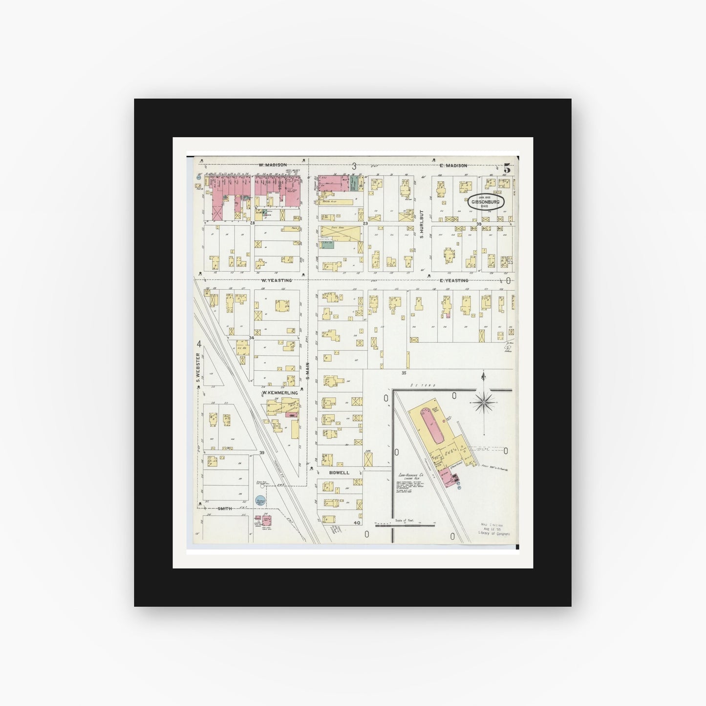 Old map wall art mockup — black gallery frame with white mat — Sanborn Fire Insurance Map from Gibsonburg, Sandusky County, Ohio (1902), Sheet #0005