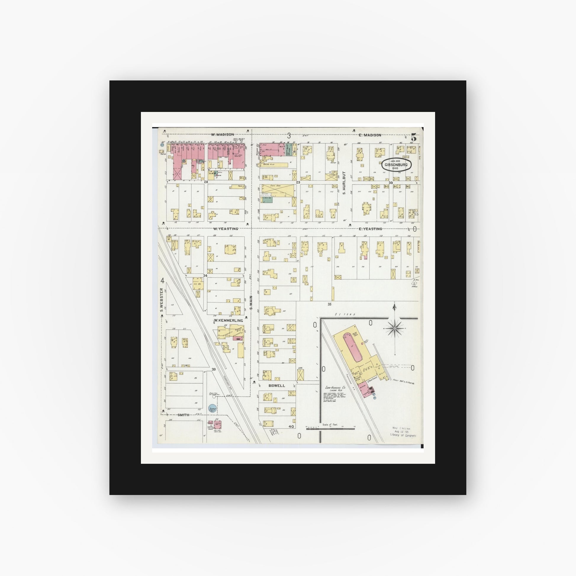 Old map wall art mockup — black gallery frame with white mat — Sanborn Fire Insurance Map from Gibsonburg, Sandusky County, Ohio (1902), Sheet #0005