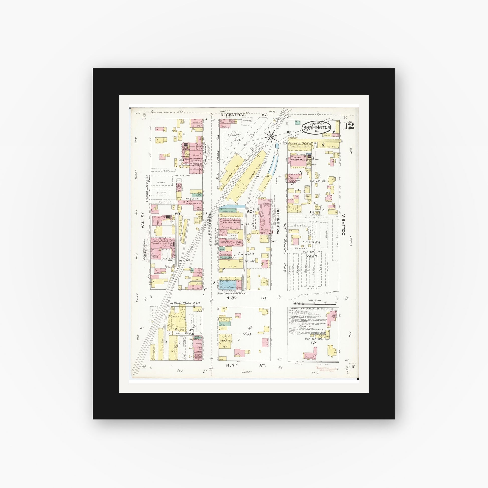 Old map wall art mockup — black gallery frame with white mat — Sanborn Fire Insurance Map from Burlington, Des Moines County, Iowa (1892), Sheet #0012
