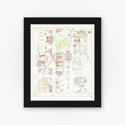 Old map wall art mockup — black gallery frame with white mat — Sanborn Fire Insurance Map from Burlington, Des Moines County, Iowa (1892), Sheet #0012
