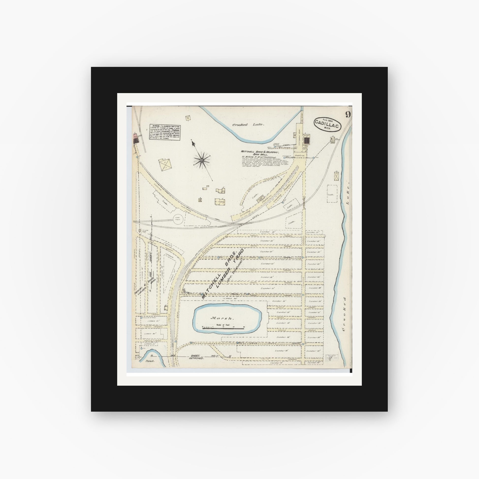 Old map wall art mockup — black gallery frame with white mat — Sanborn Fire Insurance Map from Cadillac, Wexford County, Michigan (1884), Sheet #0009
