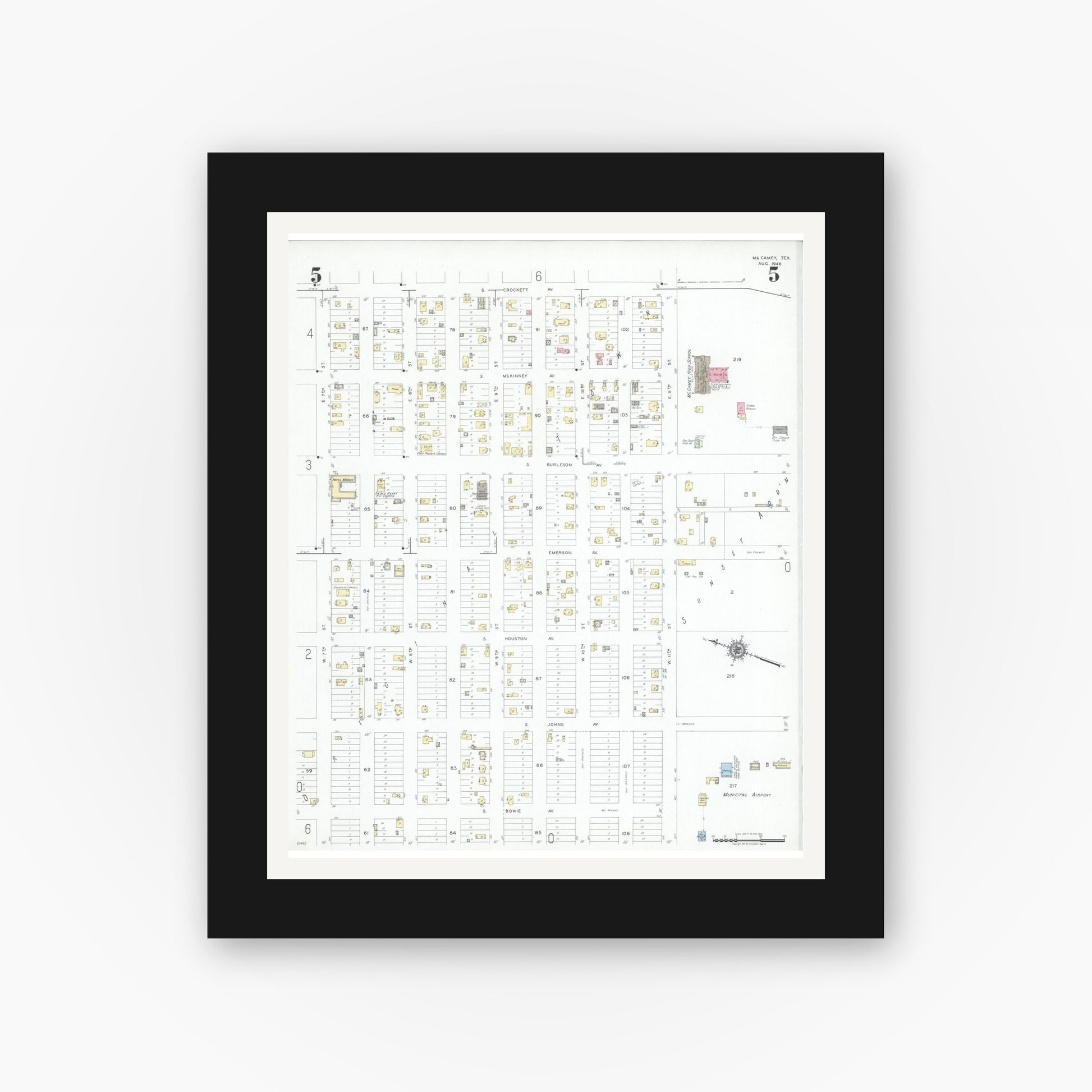 Old map wall art mockup — black gallery frame with white mat — Sanborn Fire Insurance Map from McCamey, Upton County, Texas (1946), Sheet #0005
