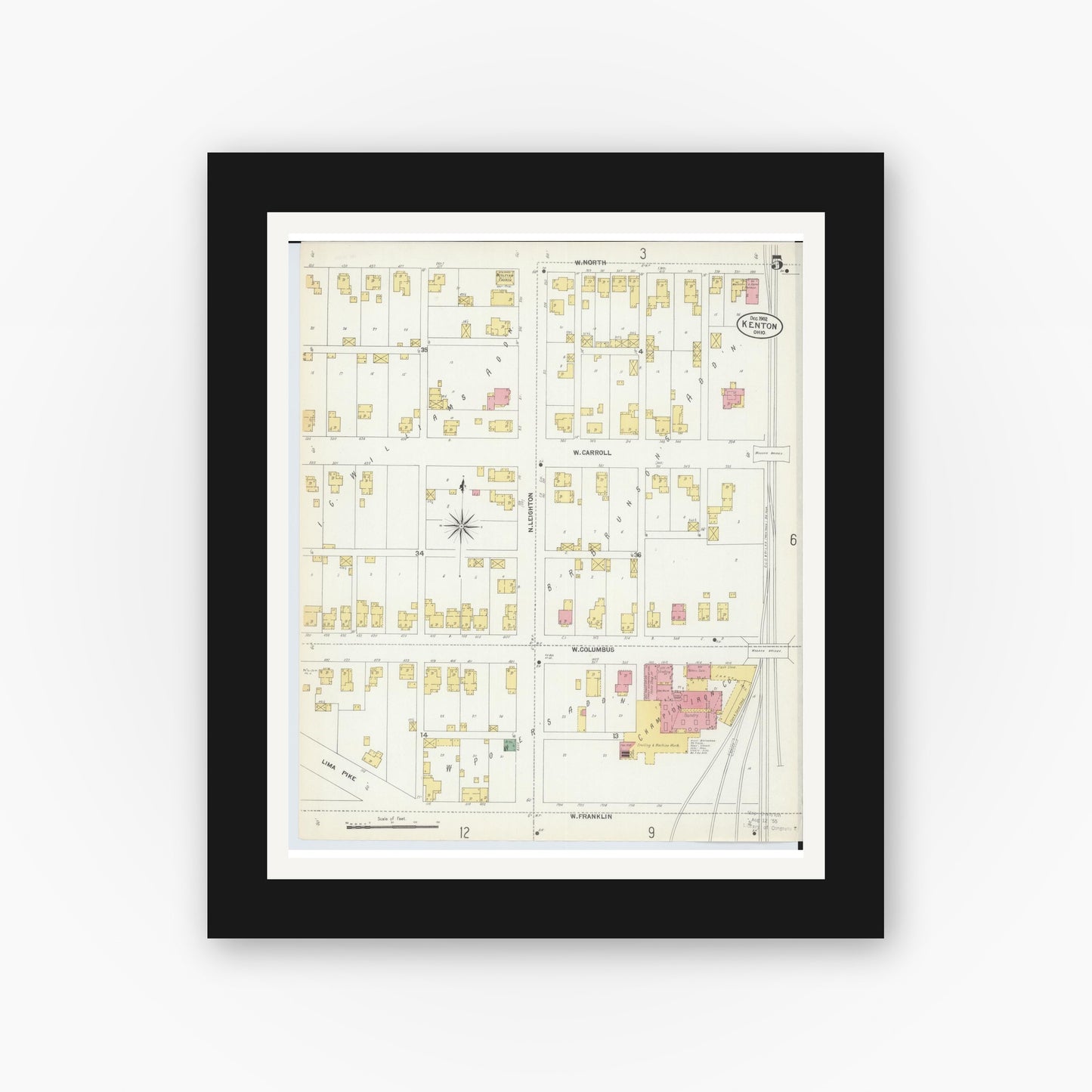Old map wall art mockup — black gallery frame with white mat — Sanborn Fire Insurance Map from Kenton, Hardin County, Ohio (1902), Sheet #0005