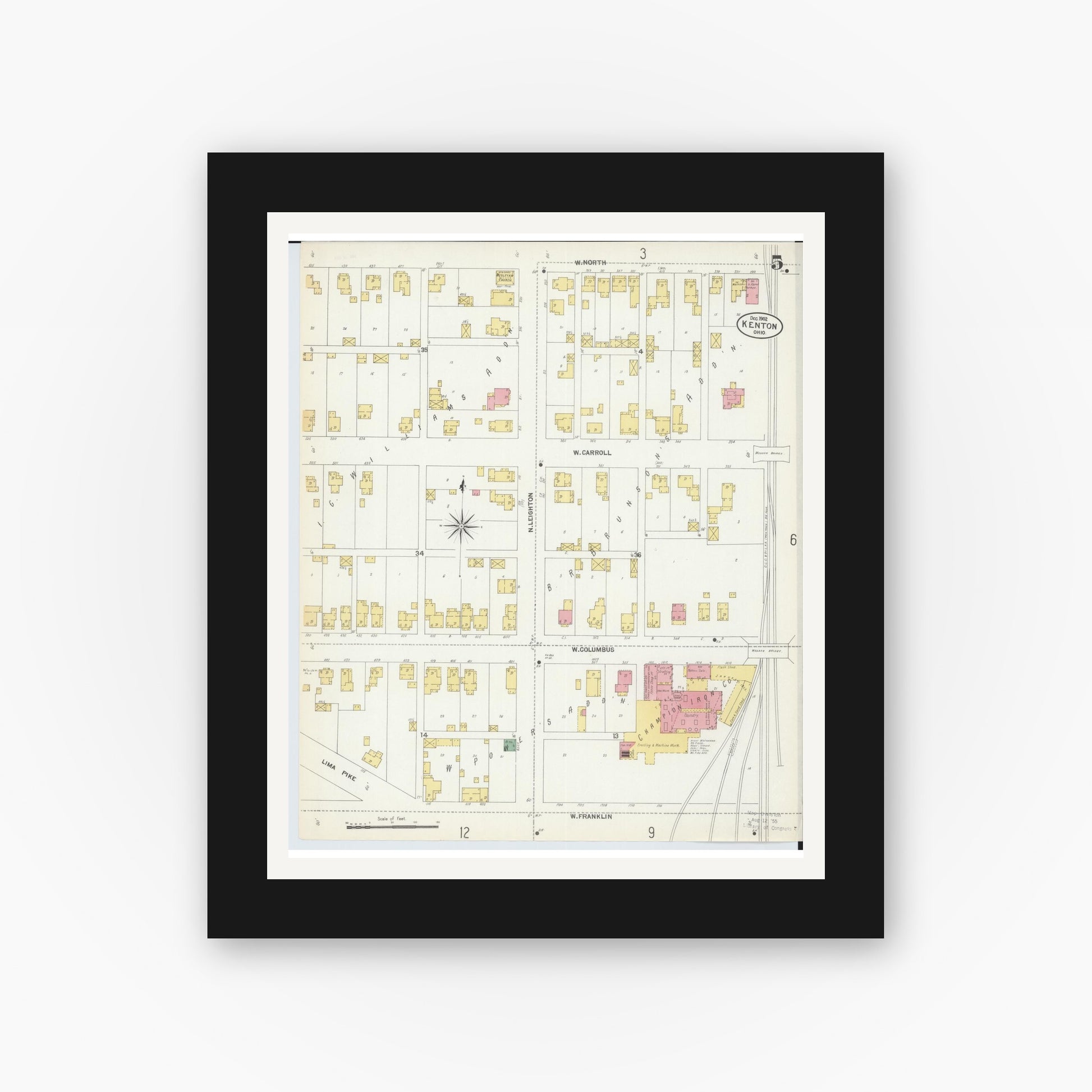 Old map wall art mockup — black gallery frame with white mat — Sanborn Fire Insurance Map from Kenton, Hardin County, Ohio (1902), Sheet #0005