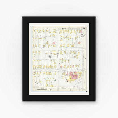 Old map wall art mockup — black gallery frame with white mat — Sanborn Fire Insurance Map from Kenton, Hardin County, Ohio (1902), Sheet #0005