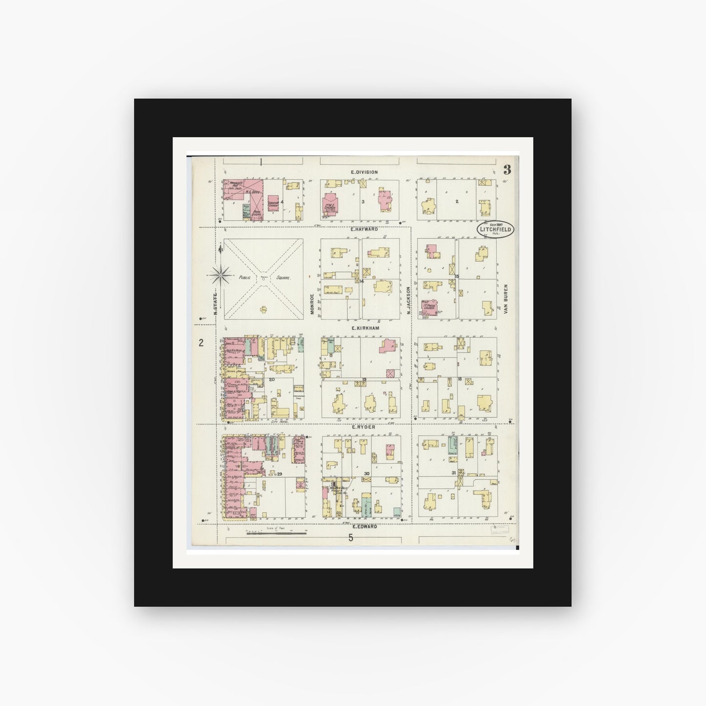 Old map wall art mockup — black gallery frame with white mat — Sanborn Fire Insurance Map from Litchfield, Montgomery County, Illinois (1897), Sheet #0003
