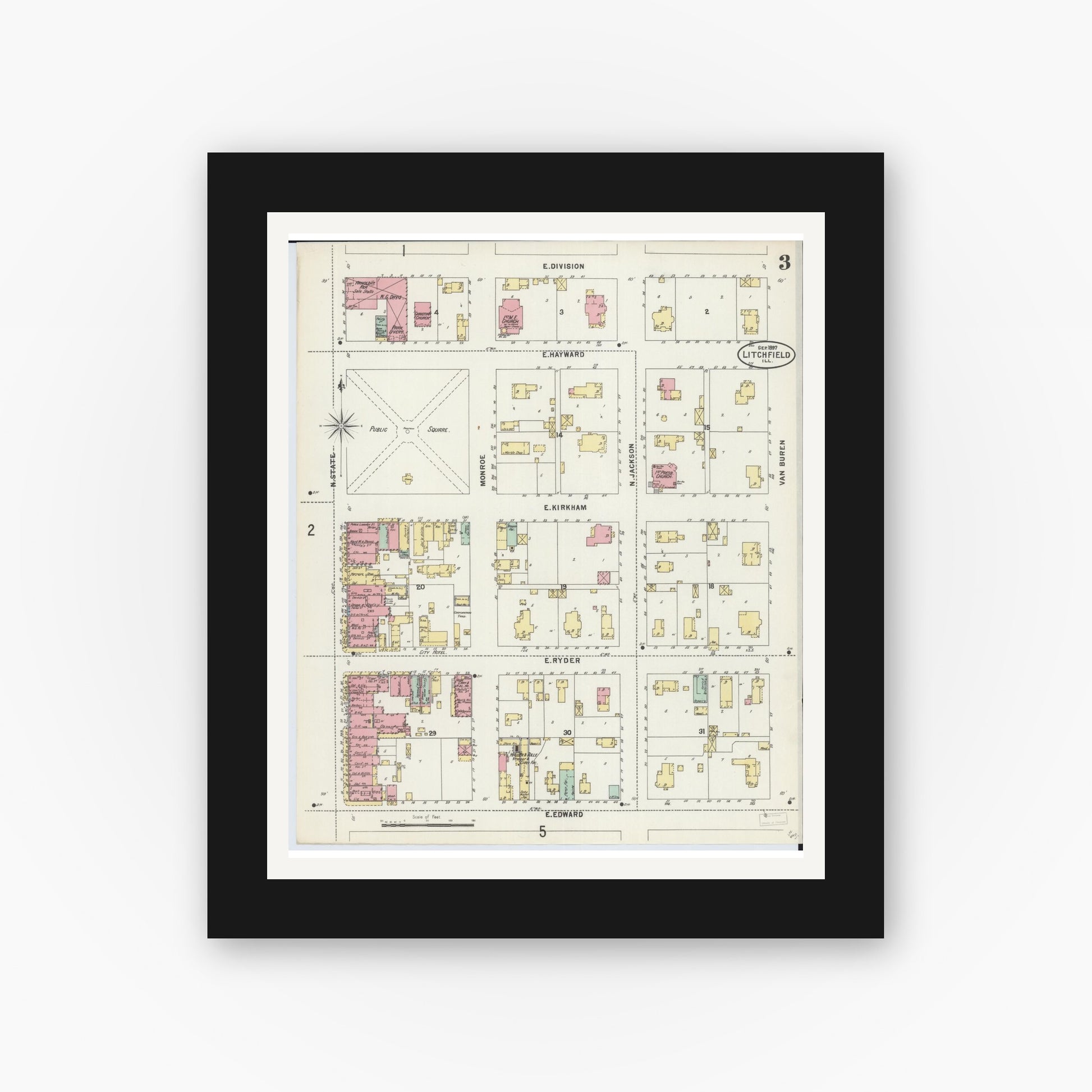 Old map wall art mockup — black gallery frame with white mat — Sanborn Fire Insurance Map from Litchfield, Montgomery County, Illinois (1897), Sheet #0003