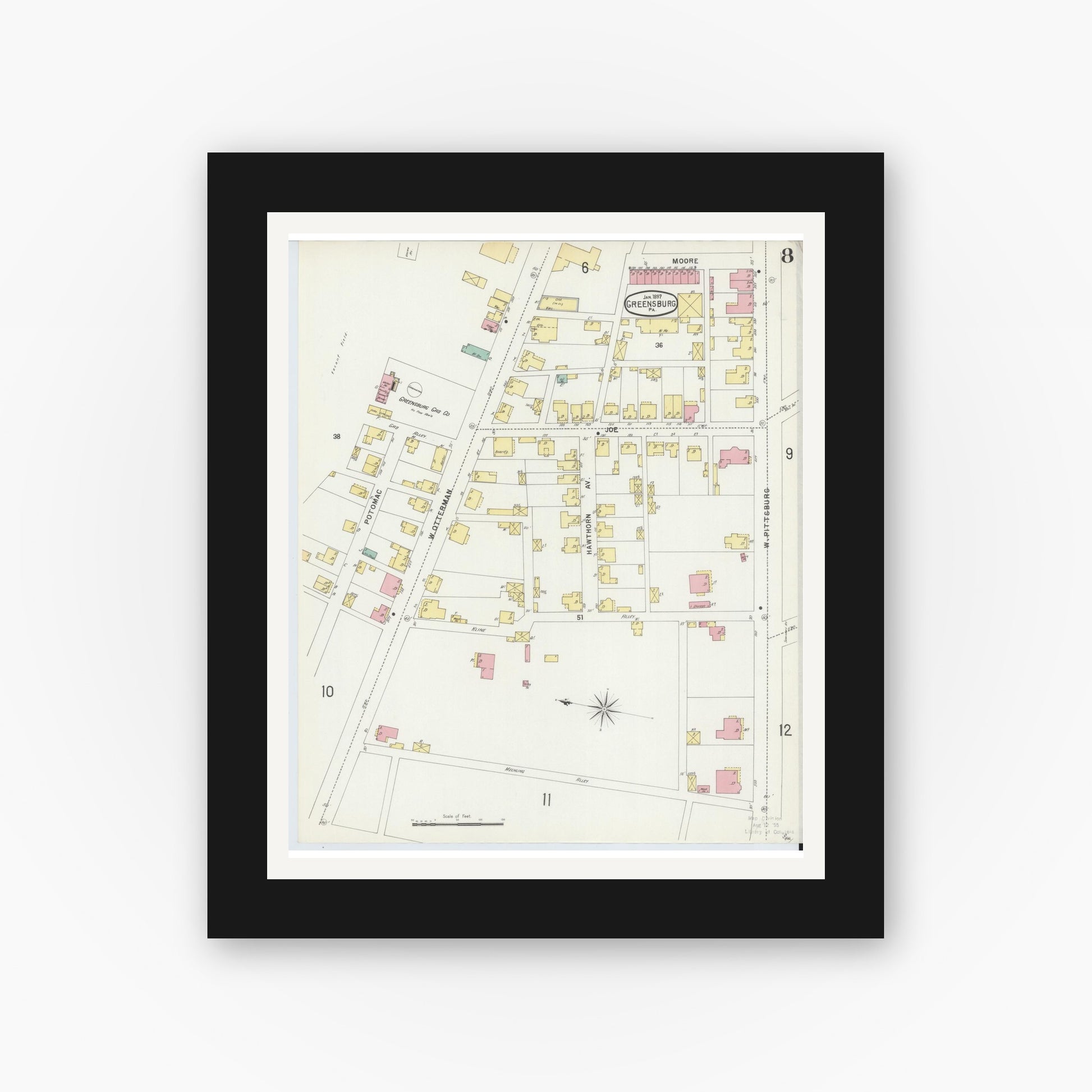 Old map wall art mockup — black gallery frame with white mat — Sanborn Fire Insurance Map from Greensburg, Westmoreland County, Pennsylvania (1897), Sheet #0008