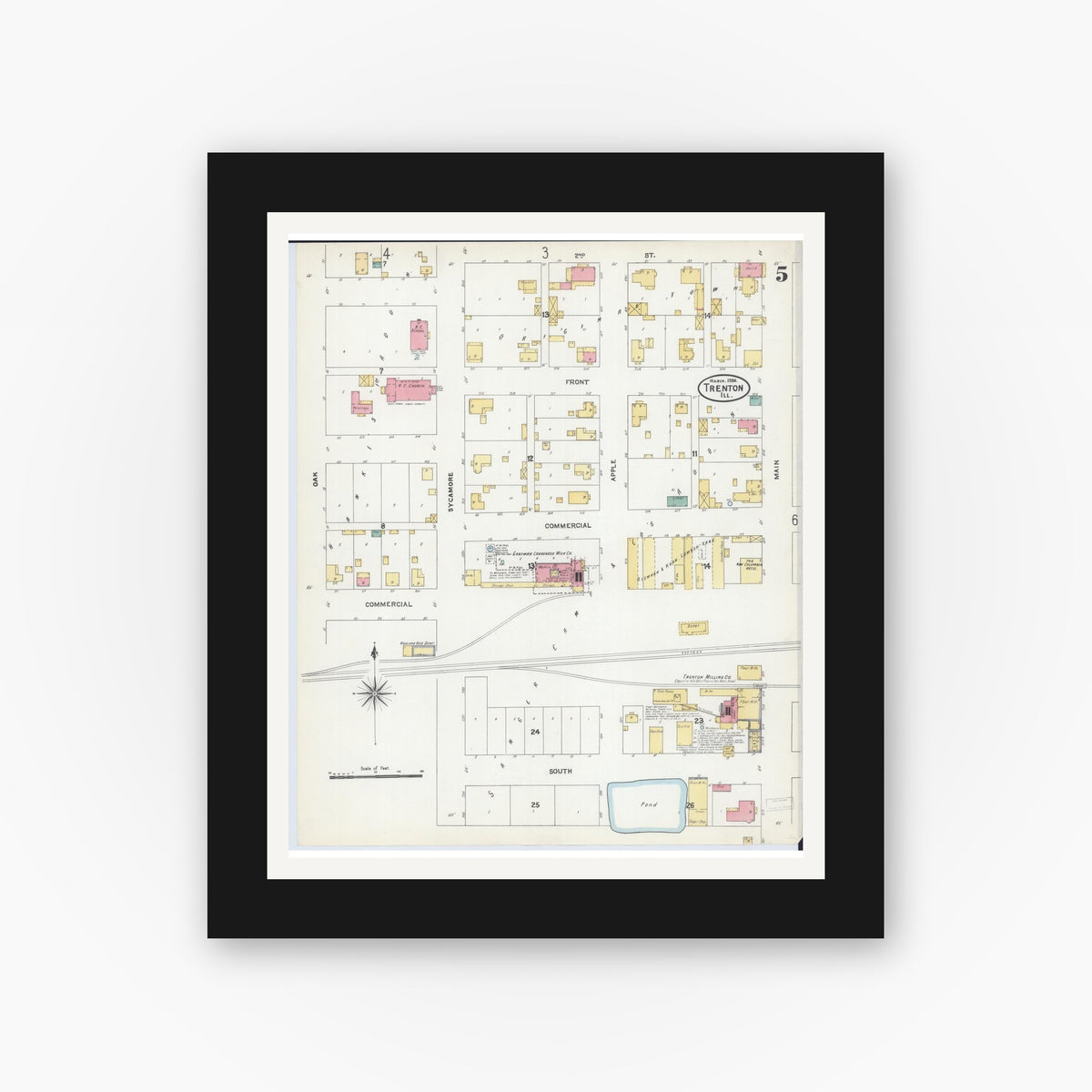 Old map wall art mockup — black gallery frame with white mat — Sanborn Fire Insurance Map from Trenton, Clinton County, Illinois (1906), Sheet #0005
