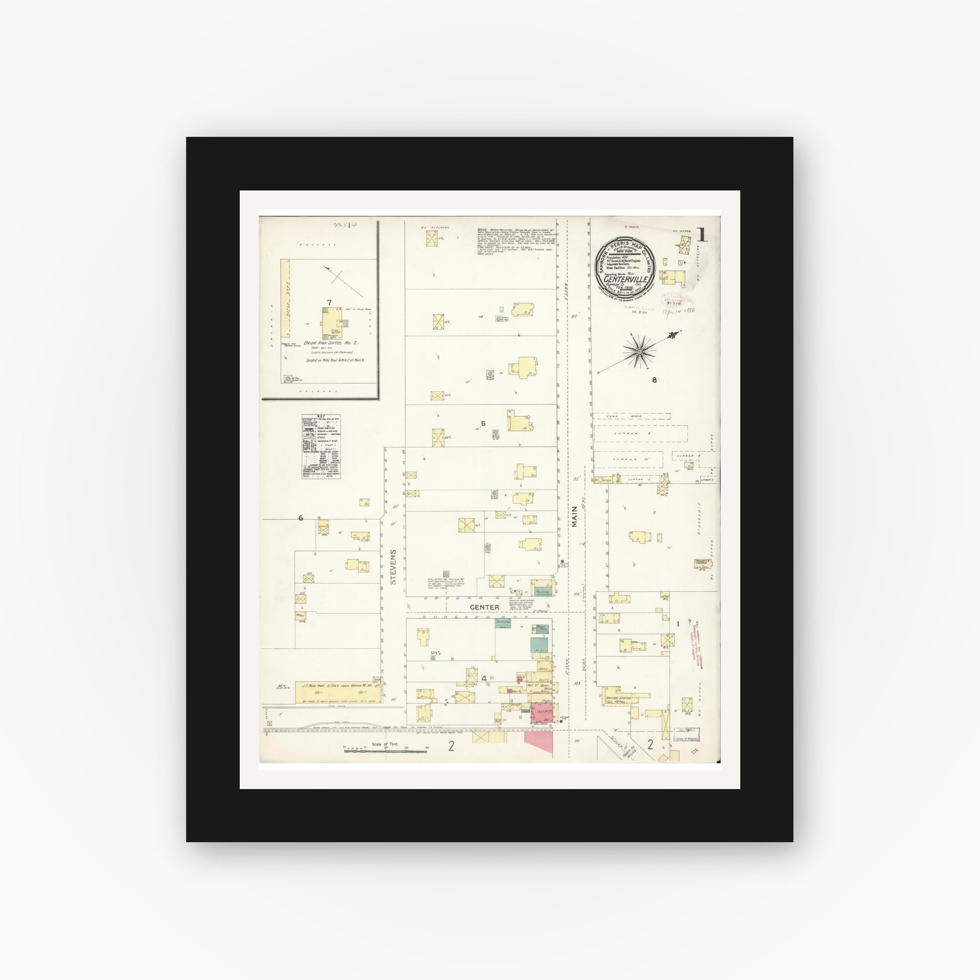 Old map wall art mockup — black gallery frame with white mat — Sanborn Fire Insurance Map from Centerville, Alameda County, California (1896), Sheet #0001