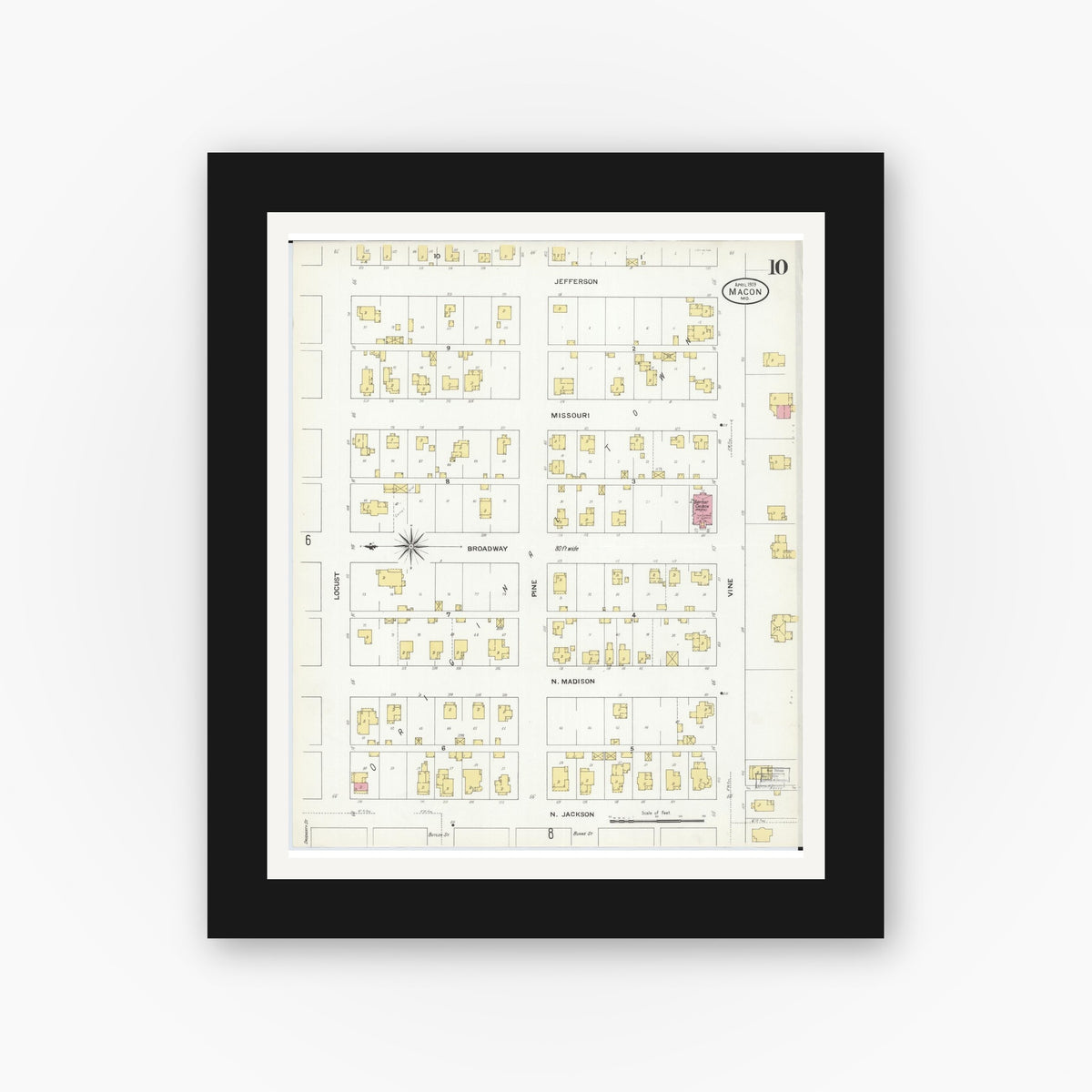 Old map wall art mockup — black gallery frame with white mat — Sanborn Fire Insurance Map from Macon, Macon County, Missouri (1909), Sheet #0010
