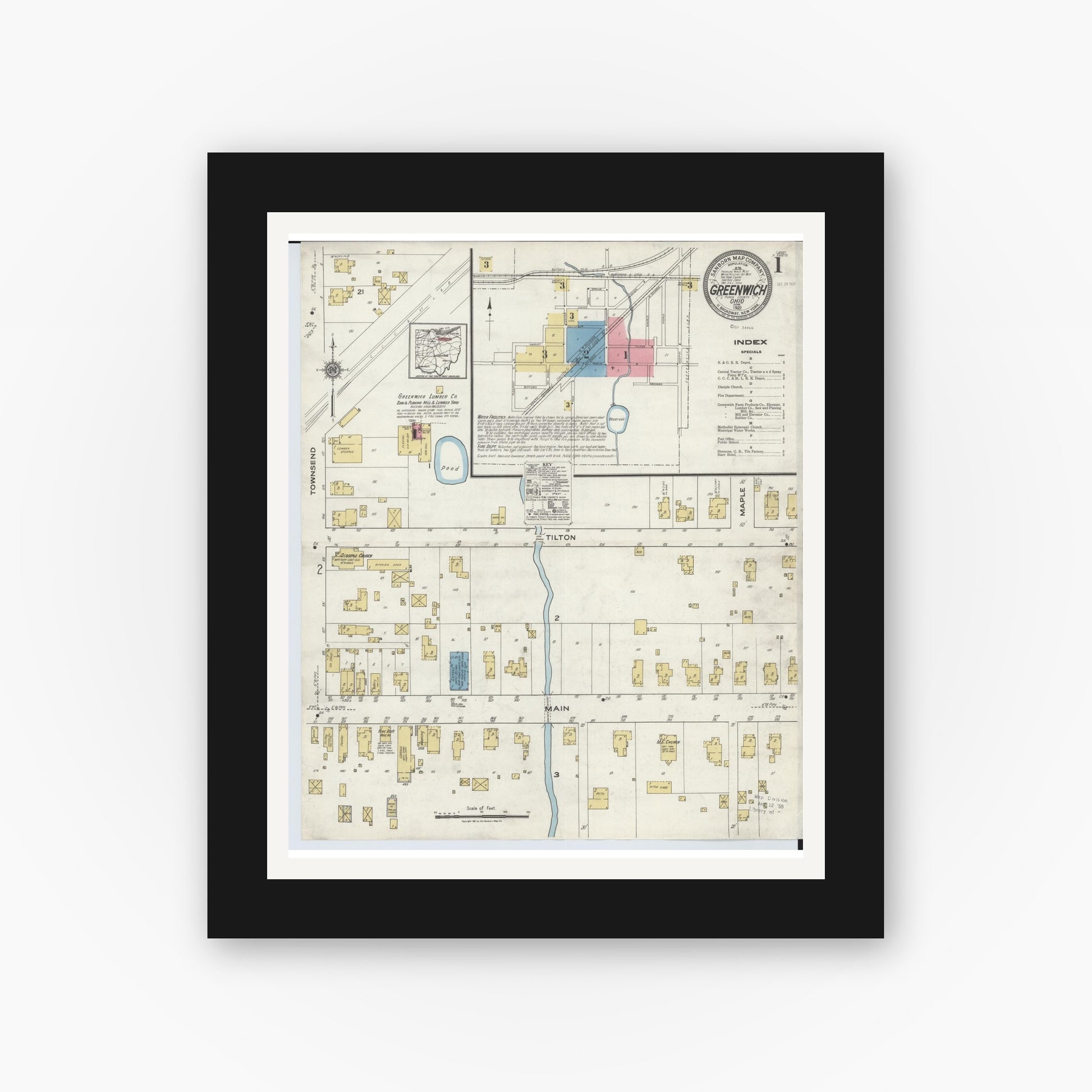 Old map wall art mockup — black gallery frame with white mat — Sanborn Fire Insurance Map from Greenwich, Huron County, Ohio (1921) - Complete Map Set