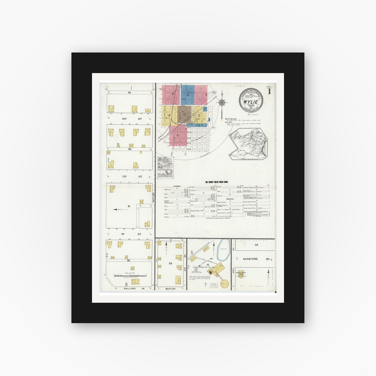 Old map wall art mockup — black gallery frame with white mat — Sanborn Fire Insurance Map from Wylie, Collin County, Texas (1921) - Complete Map Set
