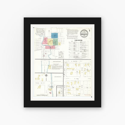 Old map wall art mockup — black gallery frame with white mat — Sanborn Fire Insurance Map from Manchester, Delaware County, Iowa (1913) â€” Complete Set
