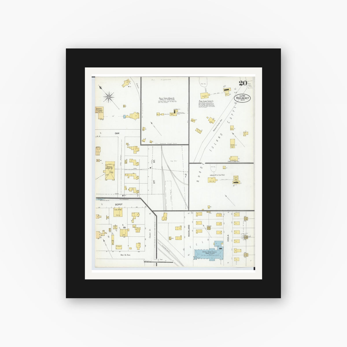 Old map wall art mockup — black gallery frame with white mat — Sanborn Fire Insurance Map from Red Jacket, Houghton County, Michigan (1900), Sheet #0020