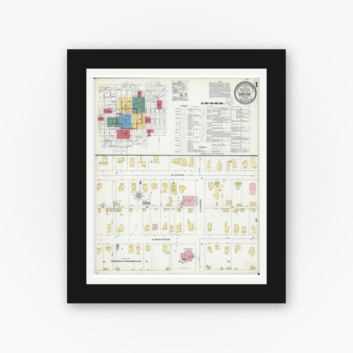Old map wall art mockup — black gallery frame with white mat — Sanborn Fire Insurance Map from Macomb, Mcdonough County, Illinois (1906) - Complete Map Set