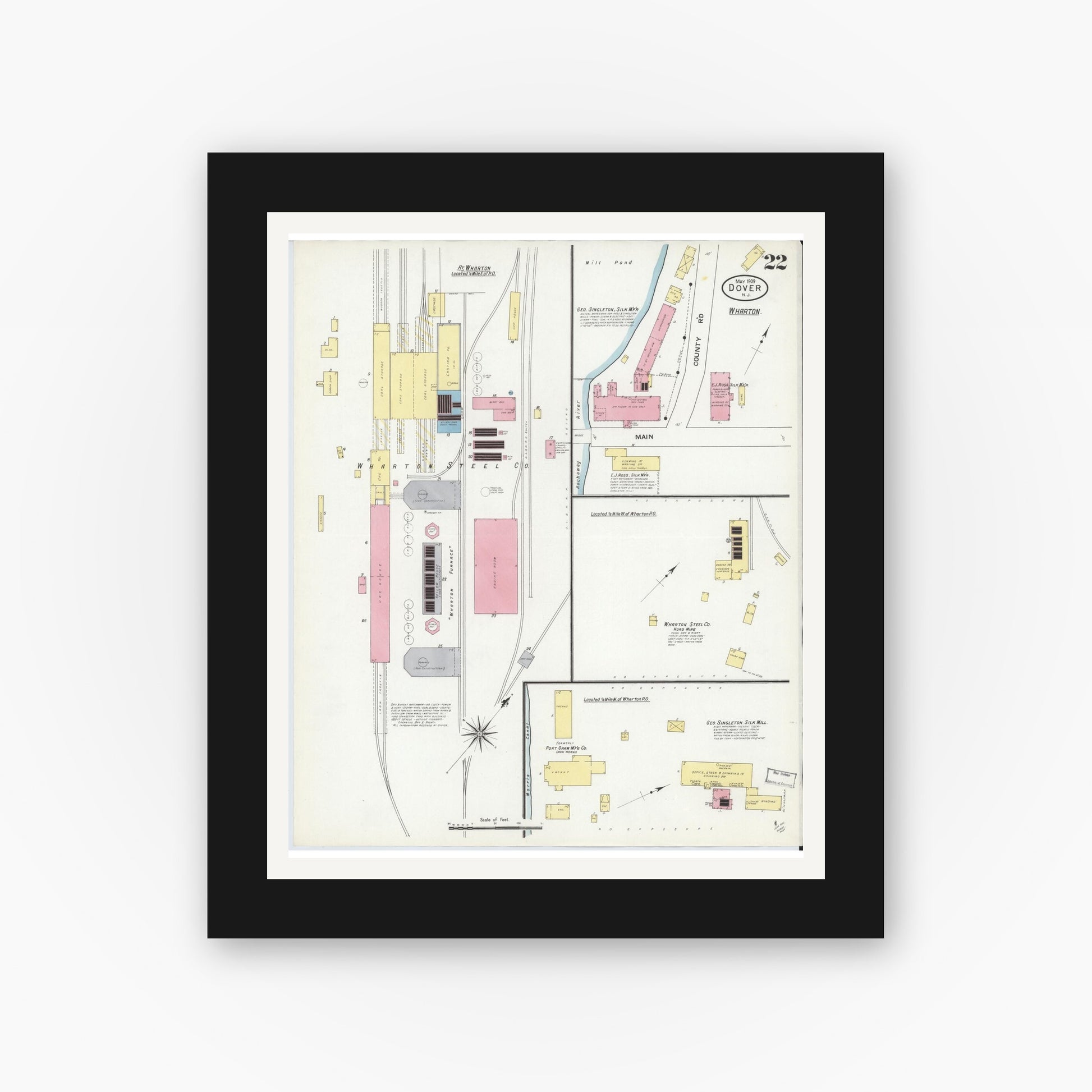 Old map wall art mockup — black gallery frame with white mat — Sanborn Fire Insurance Map from Dover, Morris County, New Jersey (1909), Sheet #0022