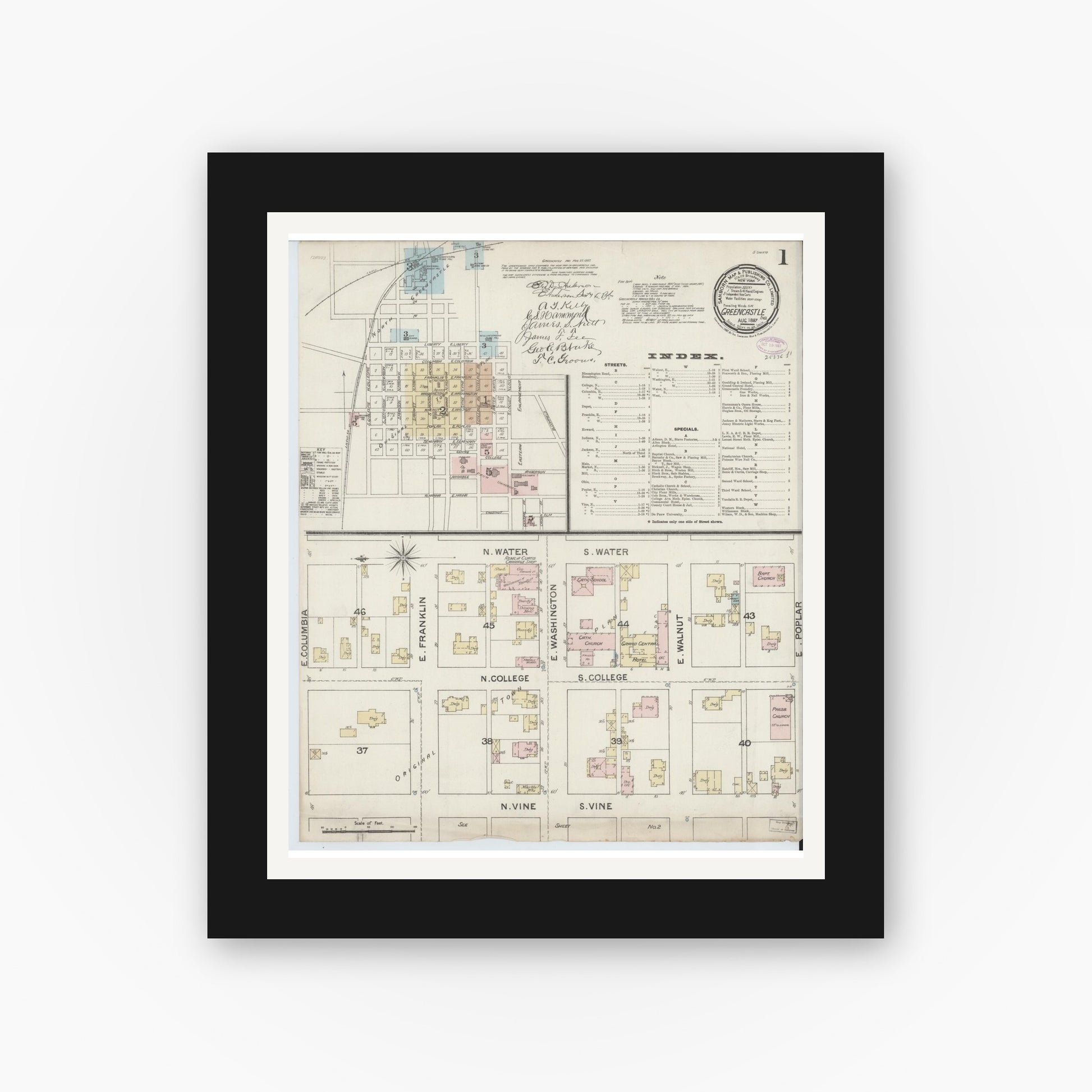 Old map wall art mockup — black gallery frame with white mat — Sanborn Fire Insurance Map from Greencastle, Putnam County, Indiana (1887) - Complete Map Set