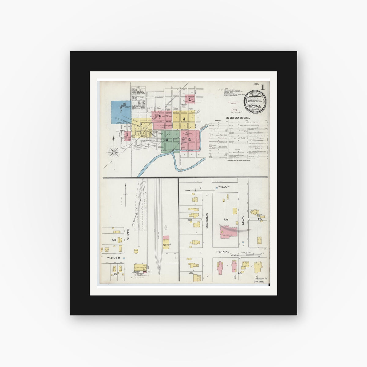 Old map wall art mockup — black gallery frame with white mat — Sanborn Fire Insurance Map from Rushville, Rush County, Indiana (1892) - Complete Map Set