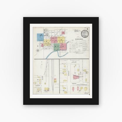 Old map wall art mockup — black gallery frame with white mat — Sanborn Fire Insurance Map from Rushville, Rush County, Indiana (1892) - Complete Map Set