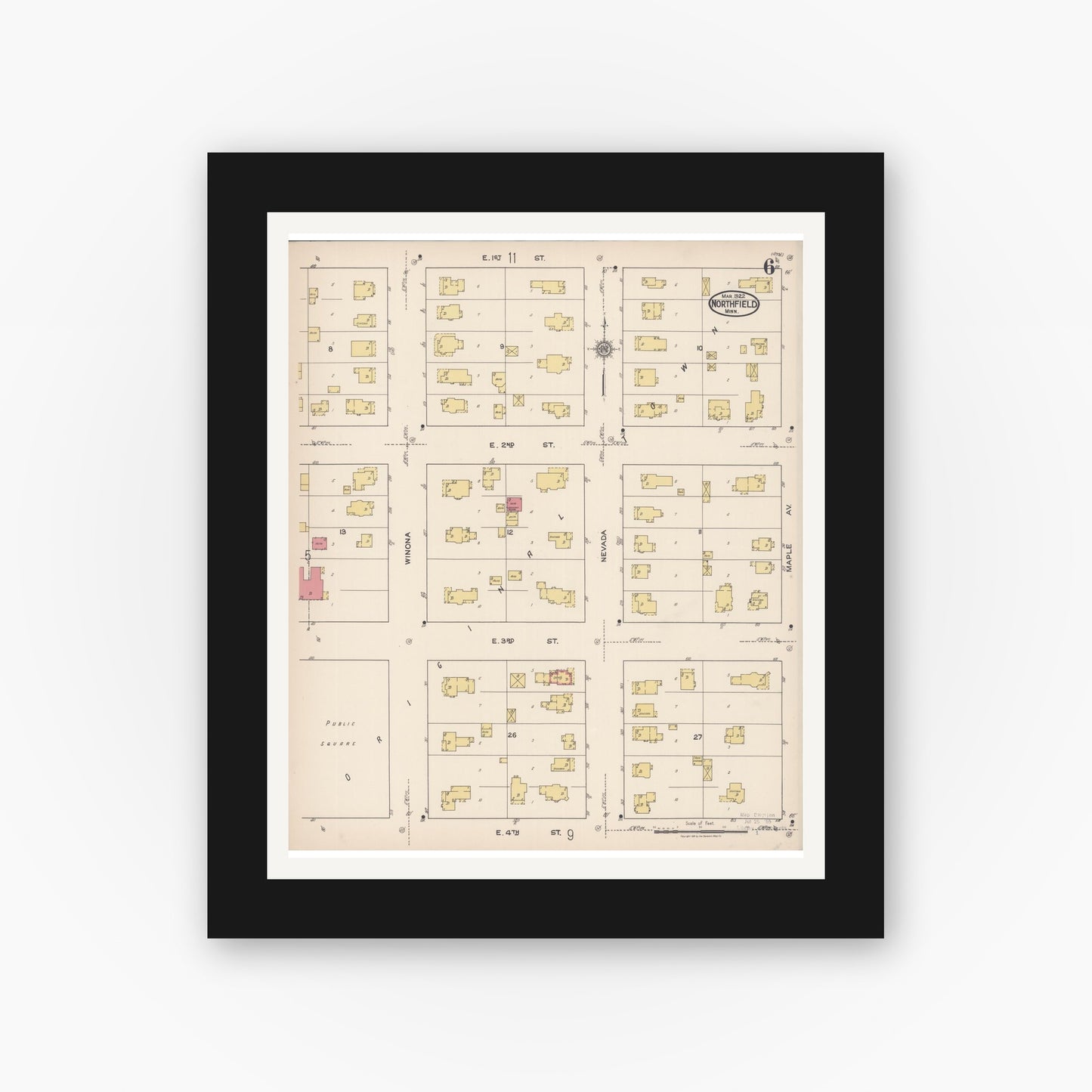 Old map wall art mockup — black gallery frame with white mat — Sanborn Fire Insurance Map from Northfield, Rice County, Minnesota (1922), Sheet #0006