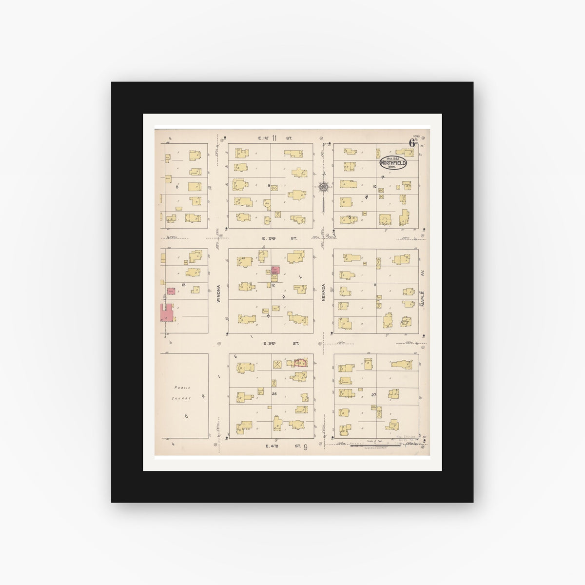 Old map wall art mockup — black gallery frame with white mat — Sanborn Fire Insurance Map from Northfield, Rice County, Minnesota (1922), Sheet #0006
