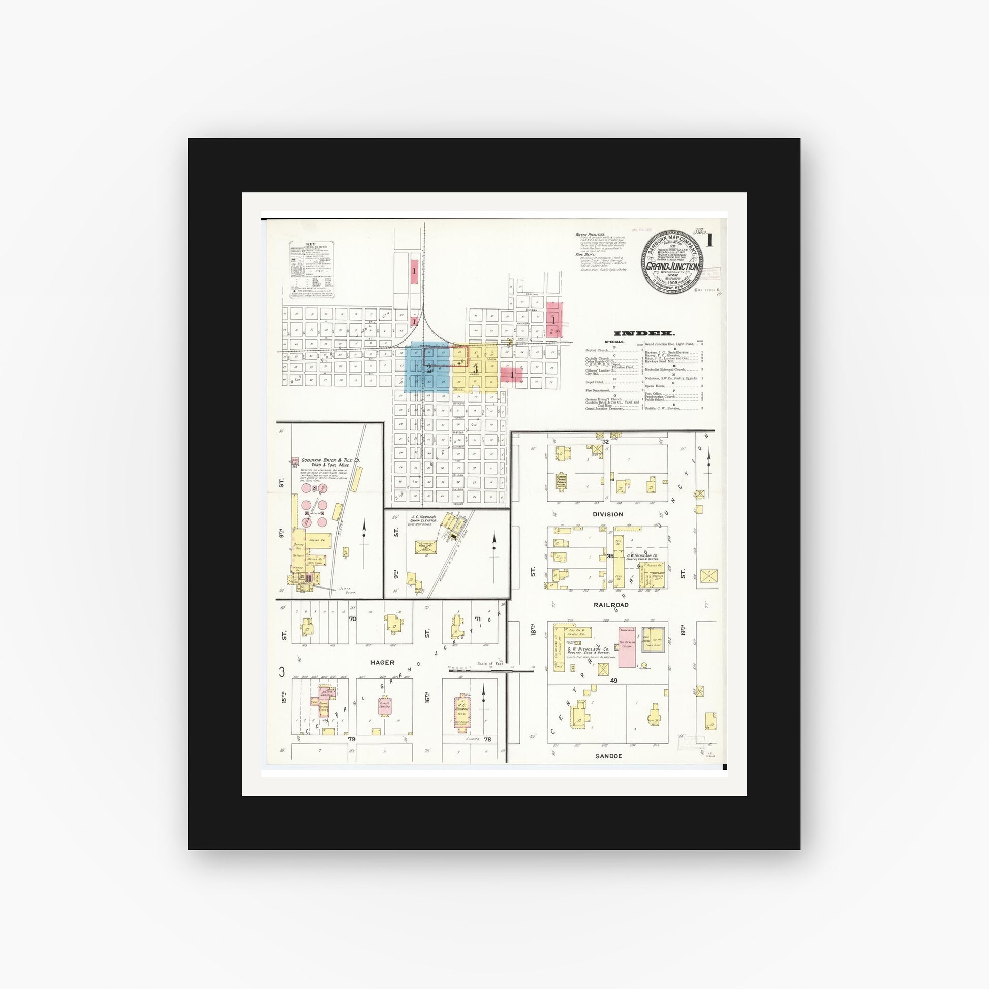 Old map wall art mockup — black gallery frame with white mat — Sanborn Fire Insurance Map from Grand Junction, Greene County, Iowa (1909) â€” Complete Set