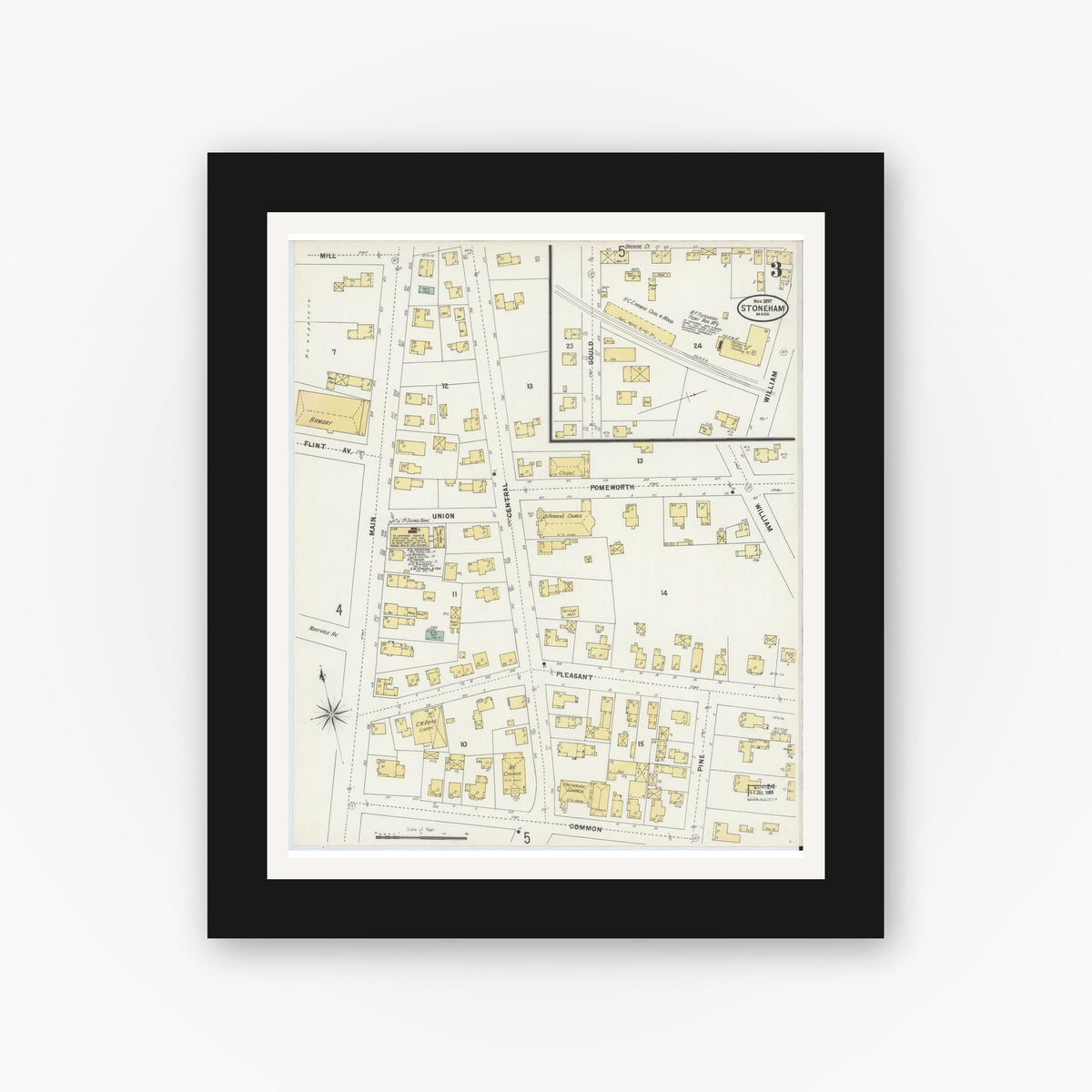 Old map wall art mockup — black gallery frame with white mat — Sanborn Fire Insurance Map from Stoneham, Middlesex County, Massachusetts (1897), Sheet #0003
