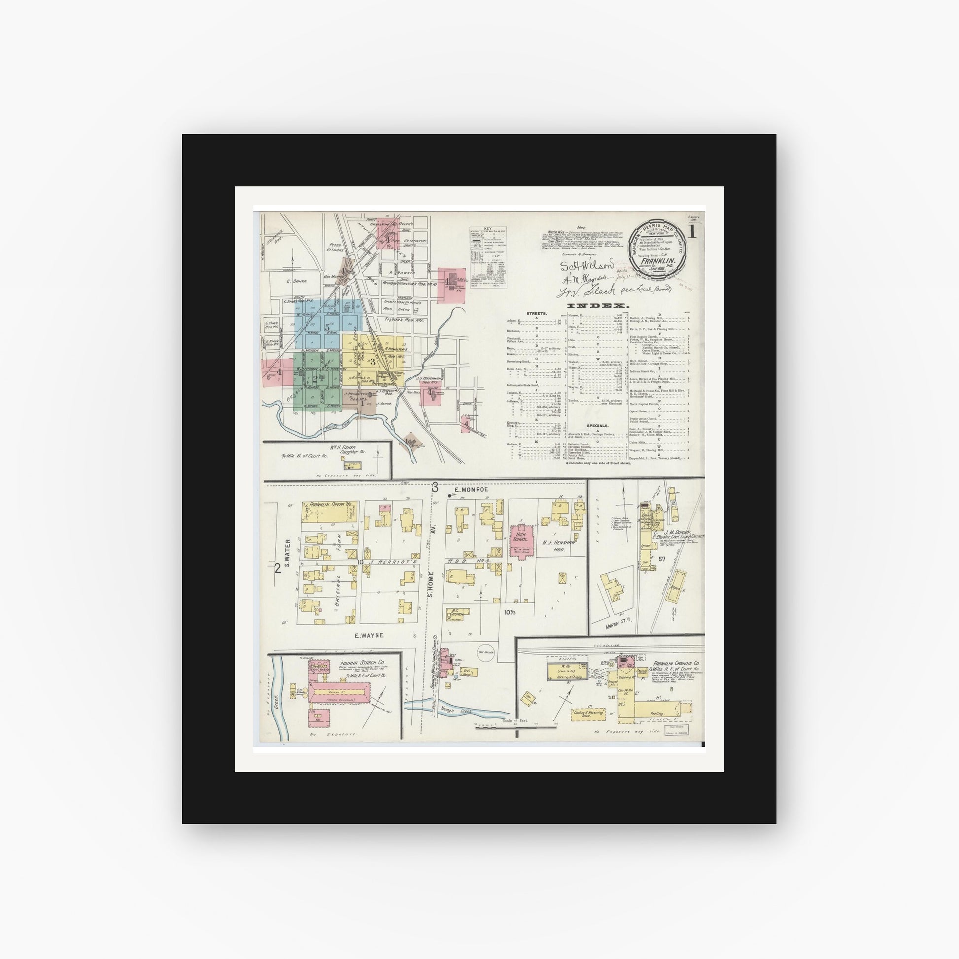 Old map wall art mockup — black gallery frame with white mat — Sanborn Fire Insurance Map from Franklin, Johnson County, Indiana (1896) - Complete Map Set