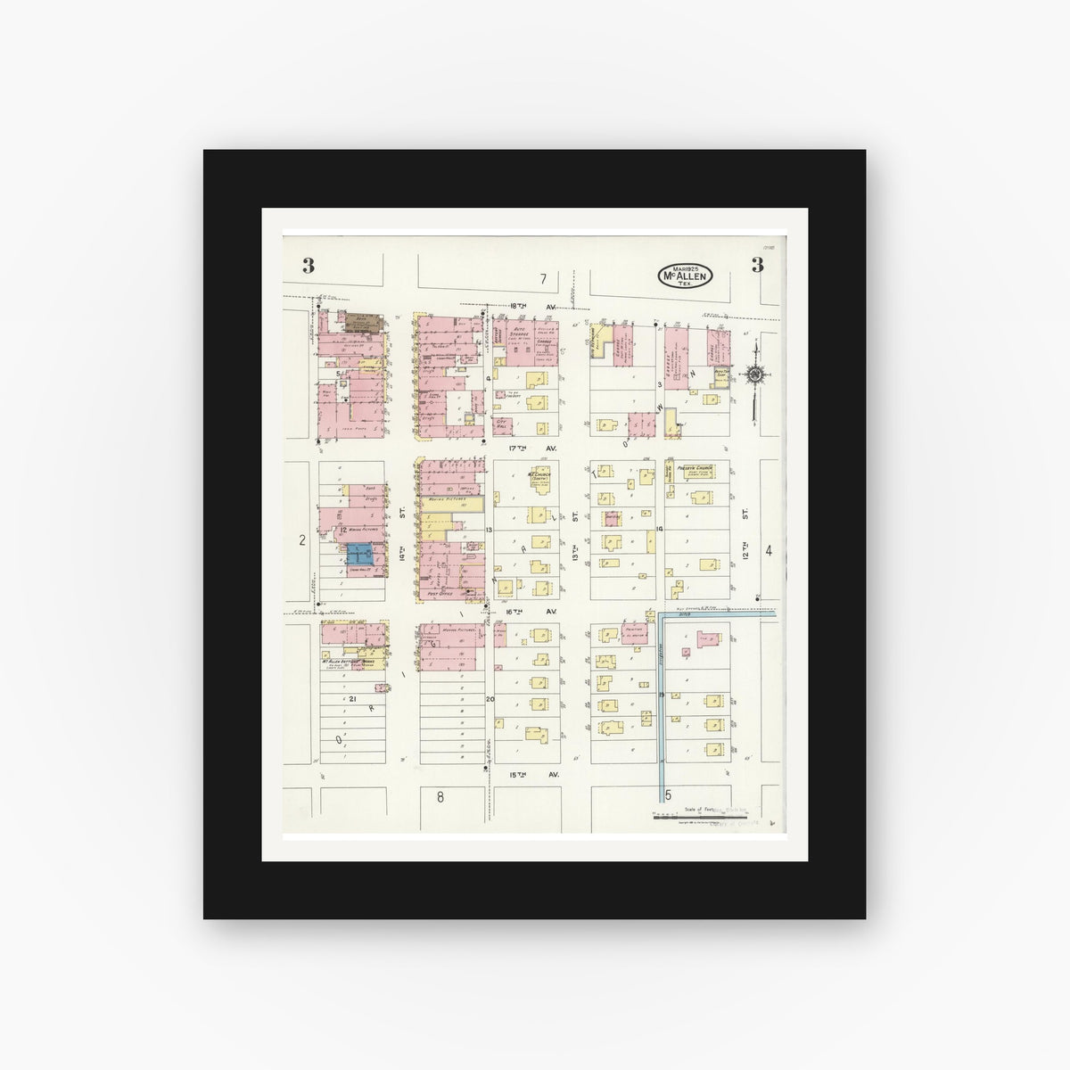 Old map wall art mockup — black gallery frame with white mat — Sanborn Fire Insurance Map from McAllen, Hidalgo County, Texas (1925), Sheet #0003