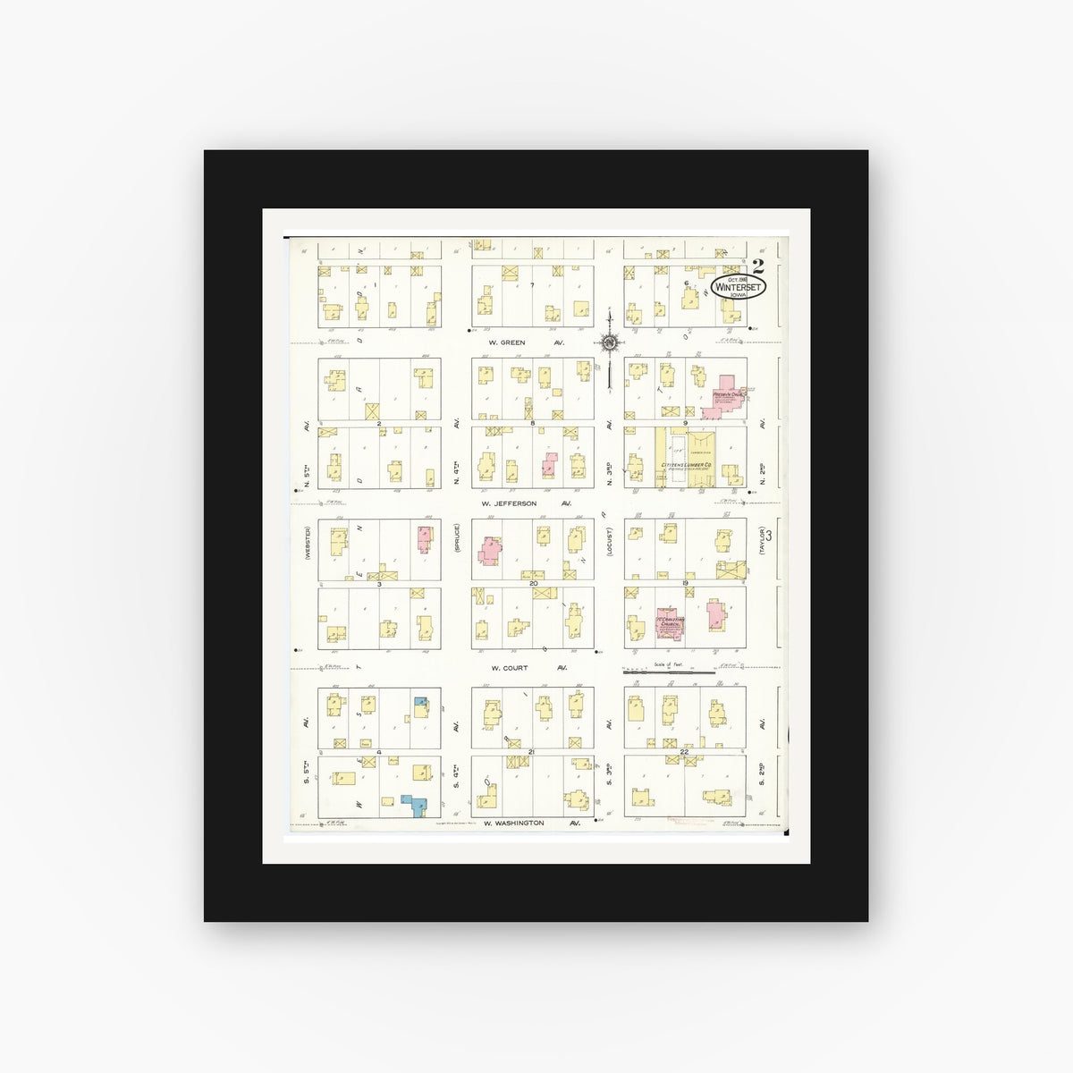 Old map wall art mockup — black gallery frame with white mat — Sanborn Fire Insurance Map from Winterset, Madison County, Iowa (1916), Sheet #0002