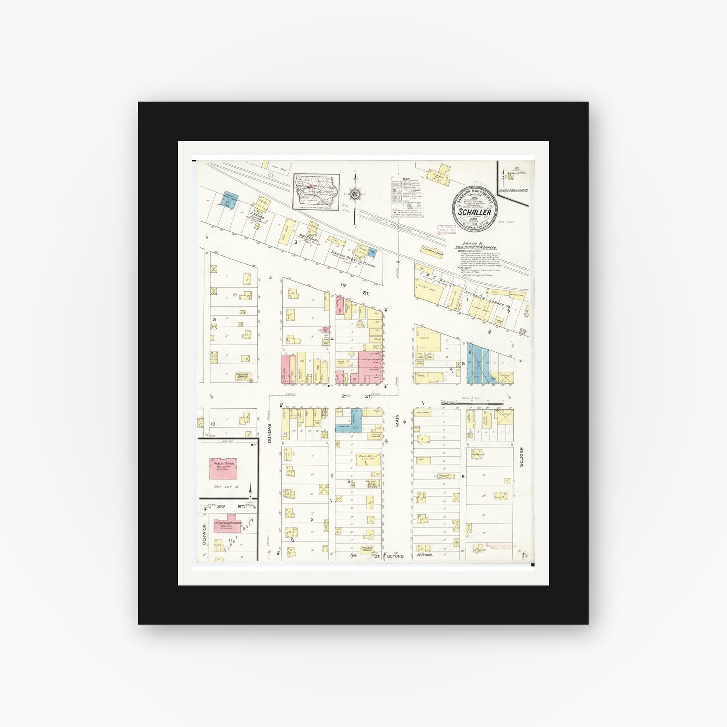 Old map wall art mockup — black gallery frame with white mat — Sanborn Fire Insurance Map from Schaller, Sac County, Iowa (1913), Sheet #0001