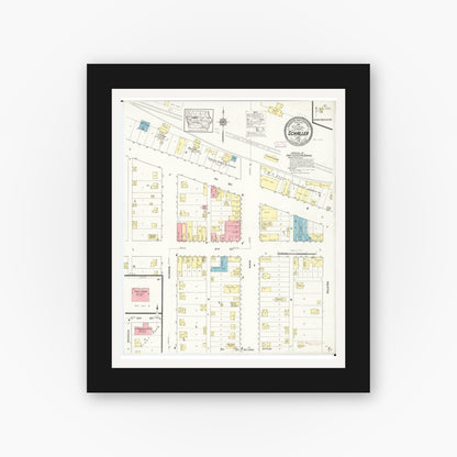 Old map wall art mockup — black gallery frame with white mat — Sanborn Fire Insurance Map from Schaller, Sac County, Iowa (1913), Sheet #0001