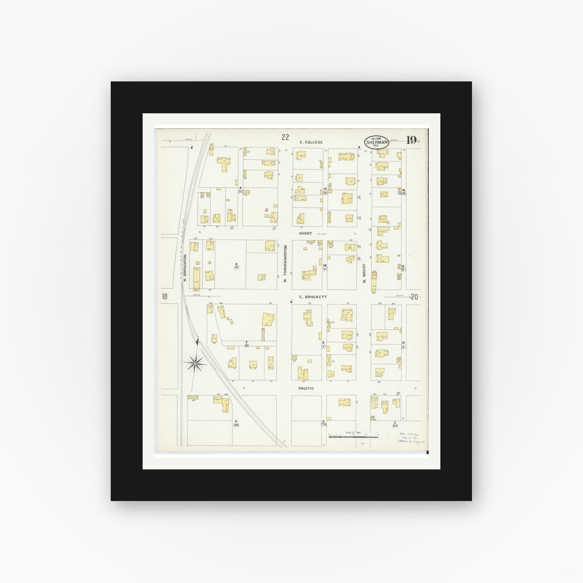 Old map wall art mockup — black gallery frame with white mat — Sanborn Fire Insurance Map from Sherman, Grayson County, Texas (1908), Sheet #0019