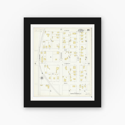 Old map wall art mockup — black gallery frame with white mat — Sanborn Fire Insurance Map from Sherman, Grayson County, Texas (1908), Sheet #0019