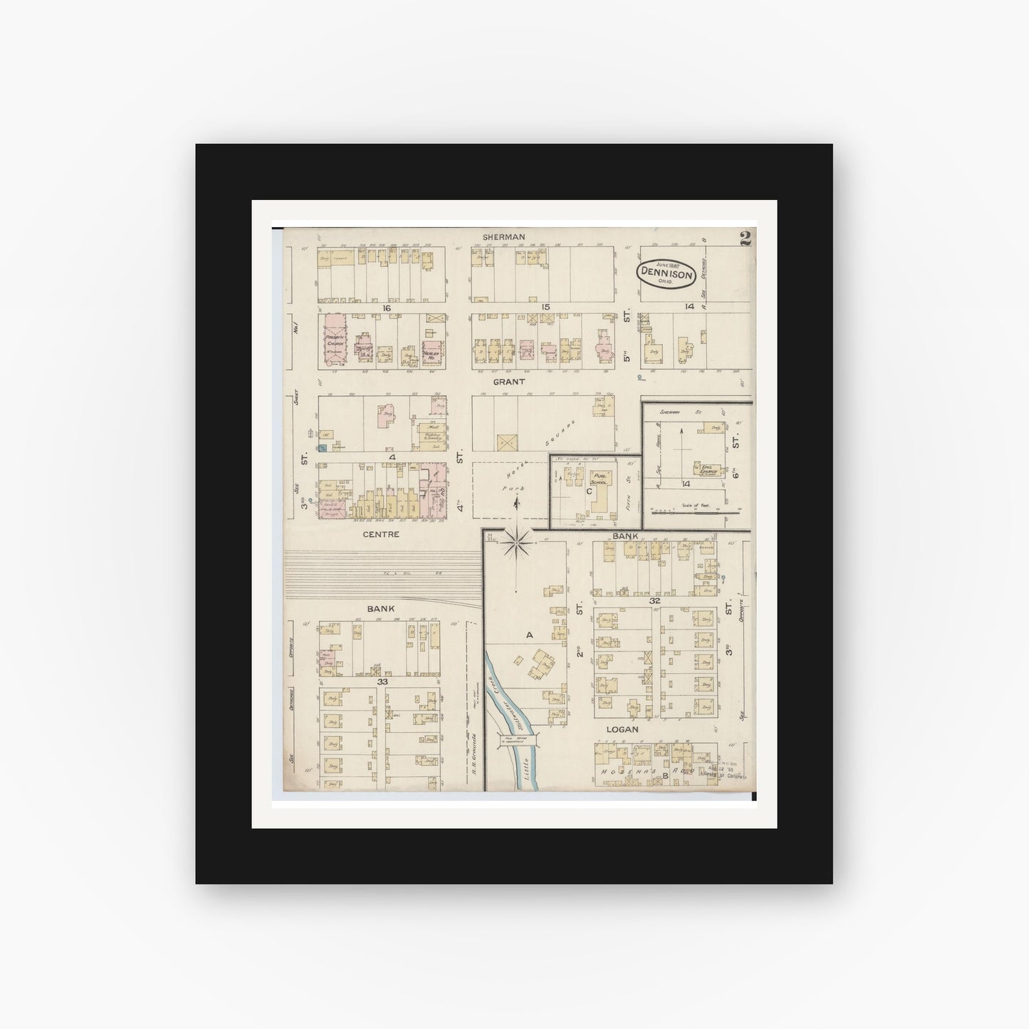 Old map wall art mockup — black gallery frame with white mat — Sanborn Fire Insurance Map from Dennison, Tuscarawas County, Ohio (1887), Sheet #0002