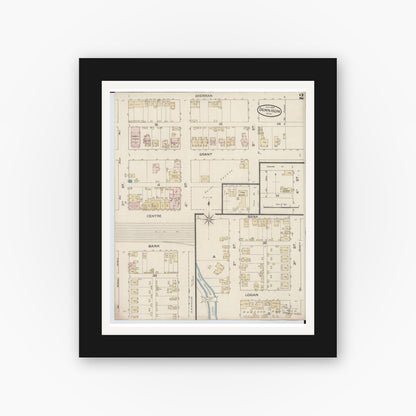Old map wall art mockup — black gallery frame with white mat — Sanborn Fire Insurance Map from Dennison, Tuscarawas County, Ohio (1887), Sheet #0002