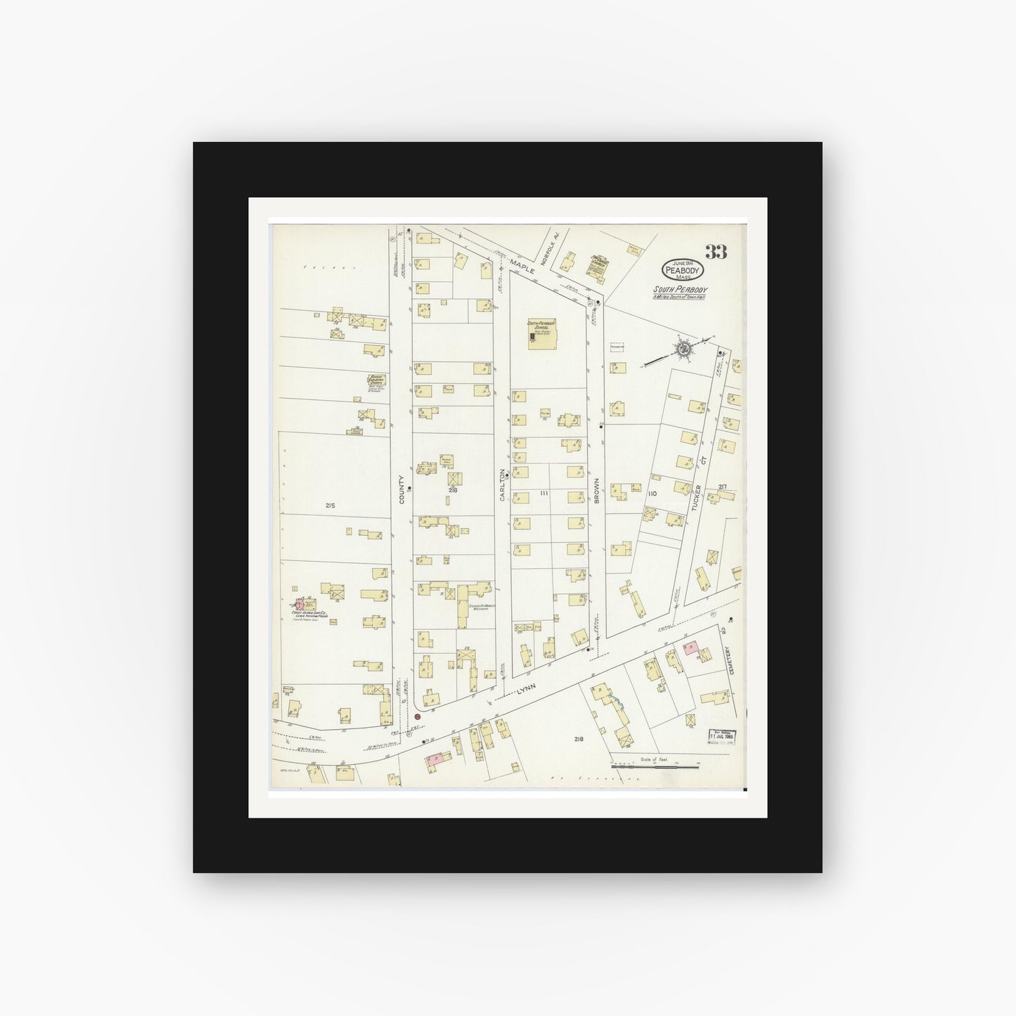Old map wall art mockup — black gallery frame with white mat — Sanborn Fire Insurance Map from Peabody, Essex County, Massachusetts (1914), Sheet #0033