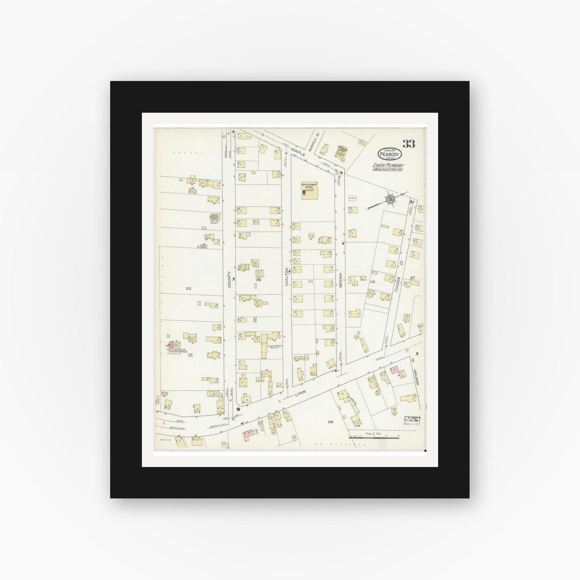 Old map wall art mockup — black gallery frame with white mat — Sanborn Fire Insurance Map from Peabody, Essex County, Massachusetts (1914), Sheet #0033