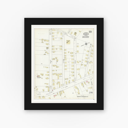 Old map wall art mockup — black gallery frame with white mat — Sanborn Fire Insurance Map from Peabody, Essex County, Massachusetts (1914), Sheet #0033