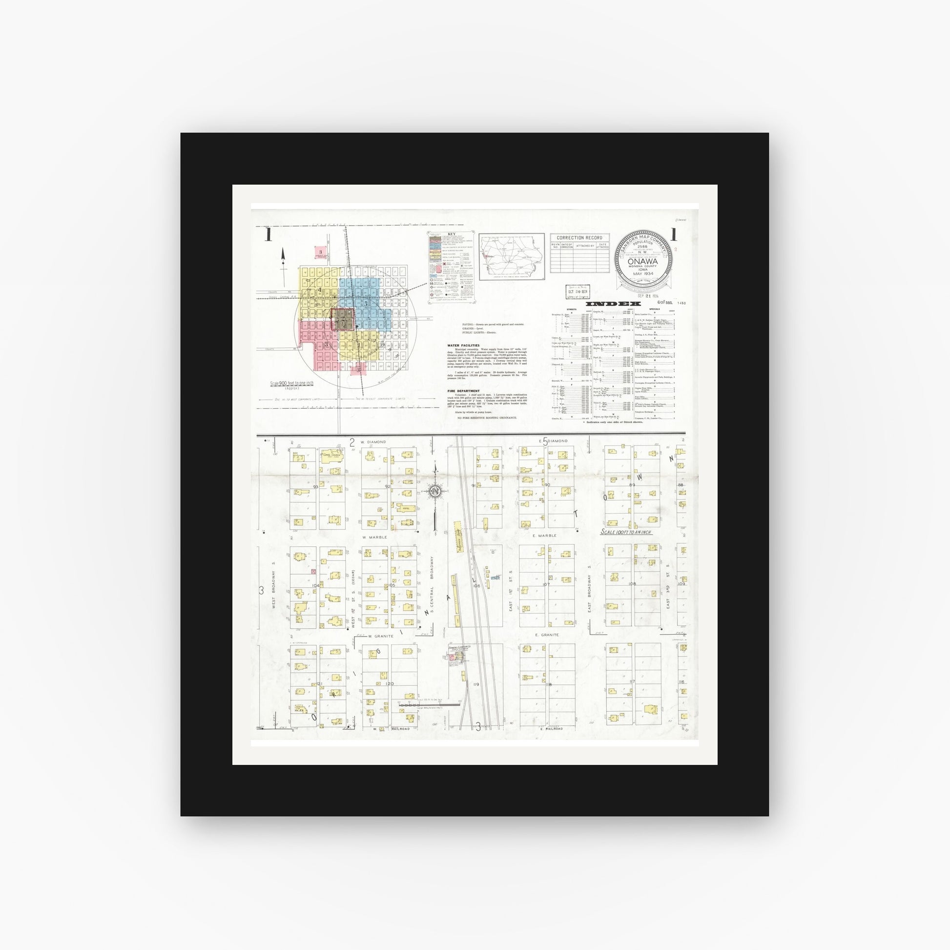 Old map wall art mockup — black gallery frame with white mat — Sanborn Fire Insurance Map from Onawa, Monona County, Iowa (1934) â€” Complete Set